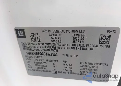 2012 GMC Acadia Slt-1 из США, поврежденный, VIN 1GKKVRED0CJ327155